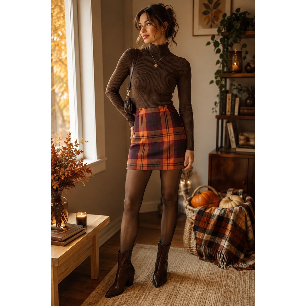 Plaid Pencil Skirt Orange Burgundy Purple Tartan Fall Preppy Academia Size 0